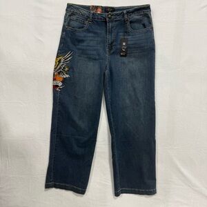 Ed Hardy Rare Women’s Size 34 BRAVE EAGLE WIDE LEG JEAN Medium Vintage Wash NWT
